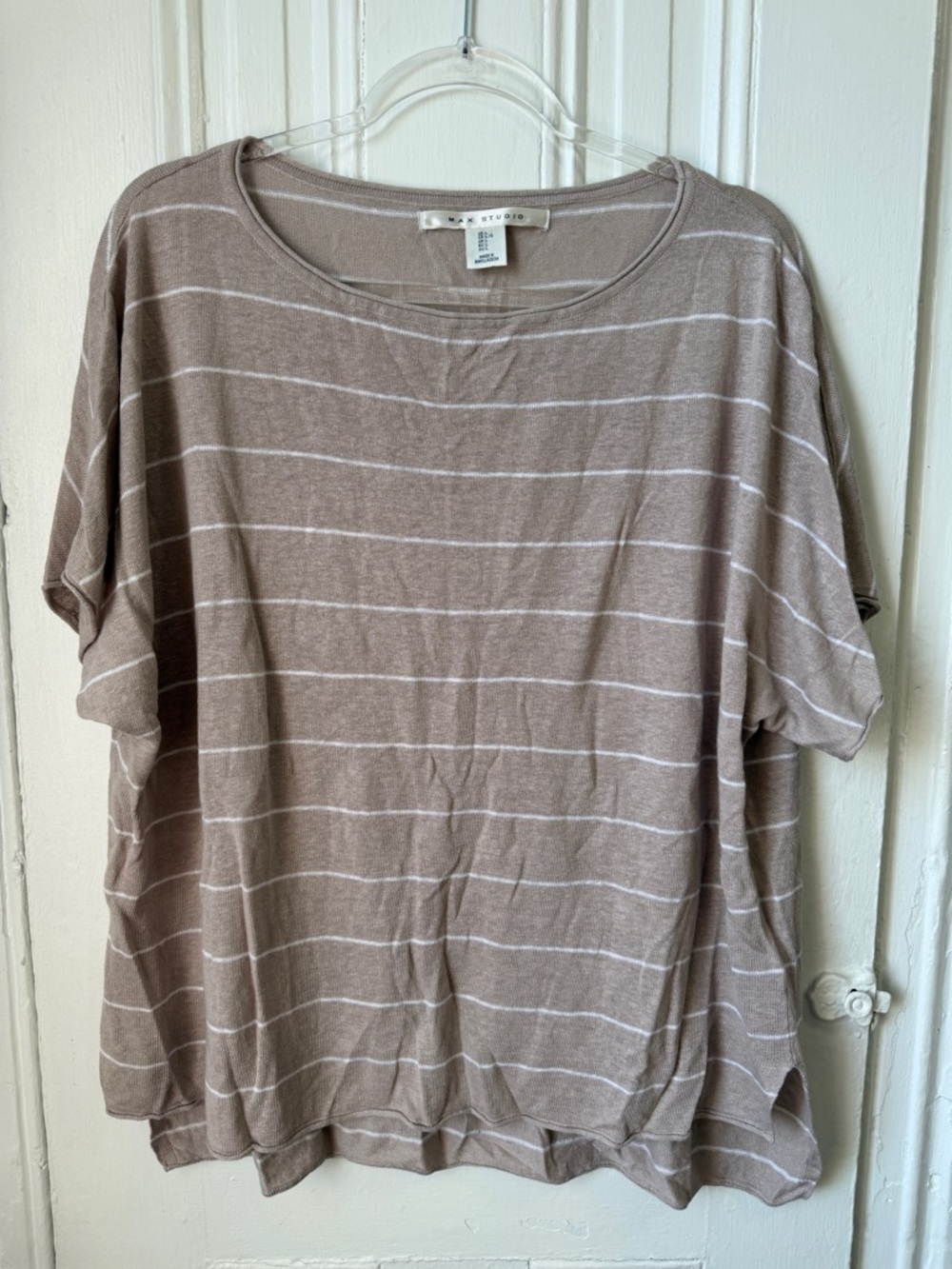 Taupe Striped Short Sleeve Relaxed Top | Max Studio
